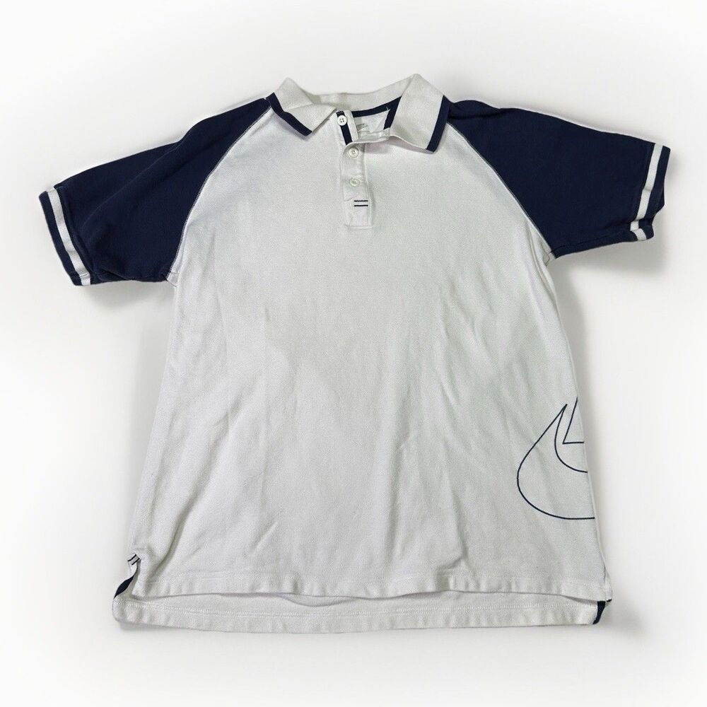 * Vintage Nike Air Polo Shirt White Navy Raglan Big Logo Spellout Size L Retro